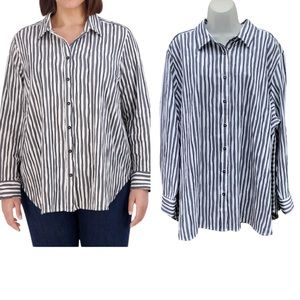 FOXCROFT Size 24W 3X Black White‎ Boyfriend Crinkle Stripe Combo Tunic Blouse